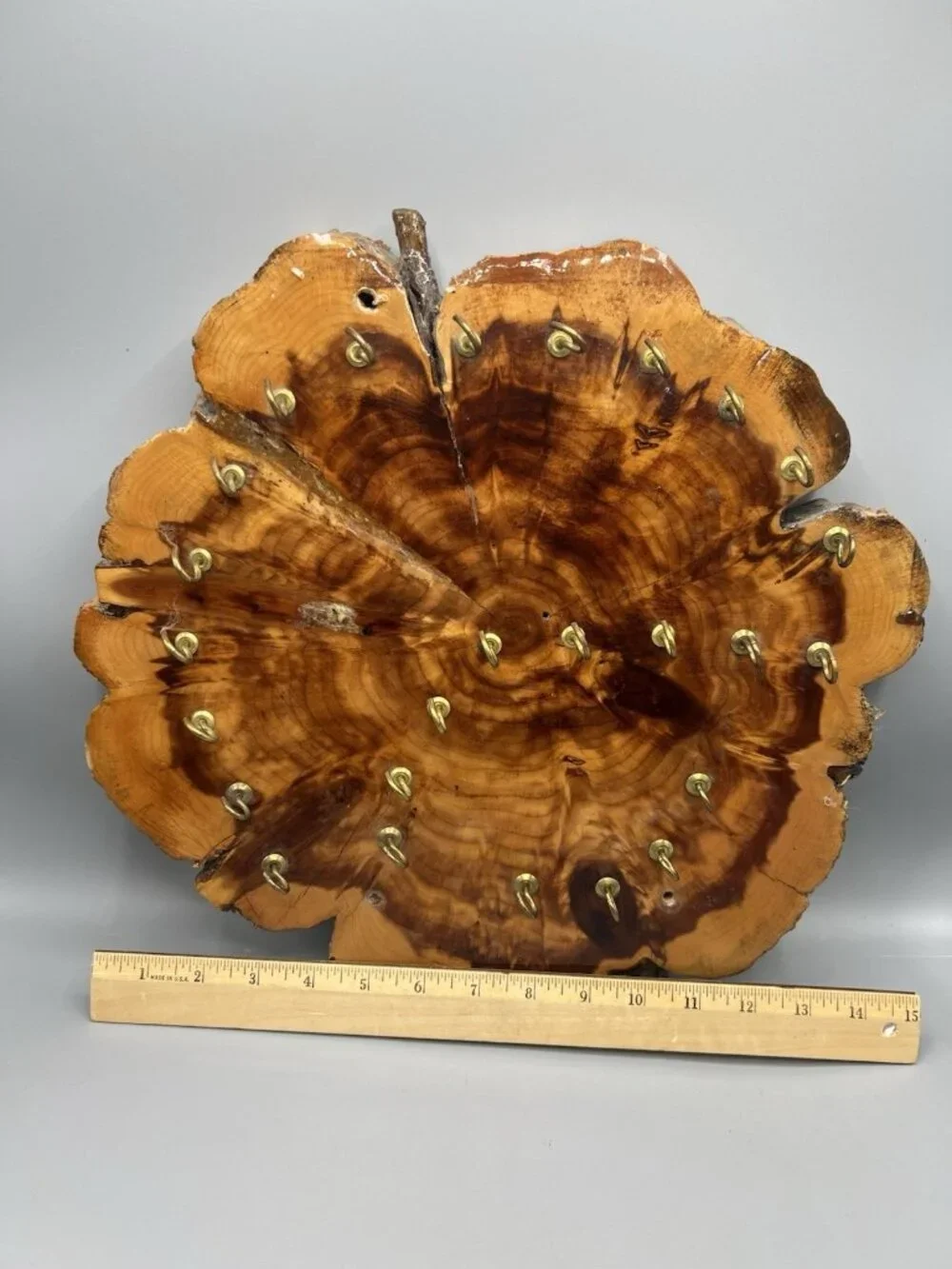 Rustic Natural Wood 15” Slab Hanging Jewelry Holder W/ 26 Hooks Decor Piece Vtg